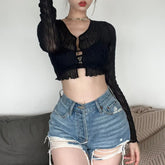 Schwarzes Gothic-Crop-Top mit langen Ärmeln aus transparentem Netzstoff